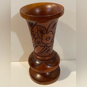Vintage Hand Carved Wooden Pedestal Vase With Flower/Leaf Design 9”